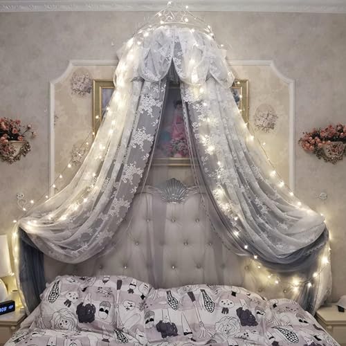 Cortina de cama de encaje princesa con corona para decoración de dormitorio Queen 2