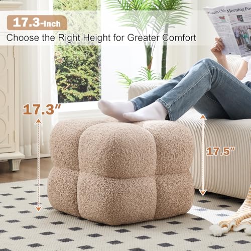 Image of Zesthouse Square Pouf Ottoman Footstool, Modern Backless Vanity Stool for Bedroom, Tan Fuzzy Foot Rest for Couch, Upholstered Tufted Footstool, Sherpa Fabric Ottoman Coffee Table for Living Room