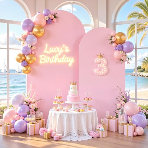 Image of Pink Purple Arch Backdrop Cover for Wedding, 7.2FT 6FT Set of 2 Stretchy Spandex Fitted Arch Stand Cover for Baby Shower, Birthday Party Decor, Chiara Backdrop Cover with Double-Sided Design