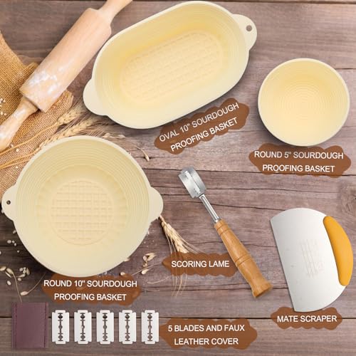Image of Sourdough Starter Kit Gift Set,Round 10 inch & Oval 10 inch & Round 5 inch,Silicone Proofing Basket, Banneton Bread Proofing Basket, Sourdough Baking Kit, Ideal Gift for Bakers, Wife, Mom