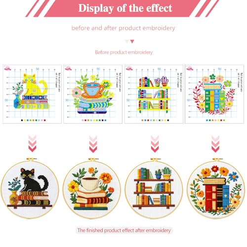 Image of Zhenqing 4 Themes Cross Stitch Kit Set - 11CT 9.45x9.45Inch, Coffee /Books /Cats /Floral Designs, DIY Embroidery Kit with Full Tools (Hoops, Scissors, Tassels) & Guide, Cozy Home Decor Gift(69601)