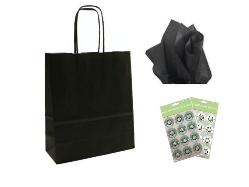 20 x A4 Paper Party Gift Bags With Seal Stickers & Tissue Wrap - Boutique Shop Loot Carrier Bag (Black)