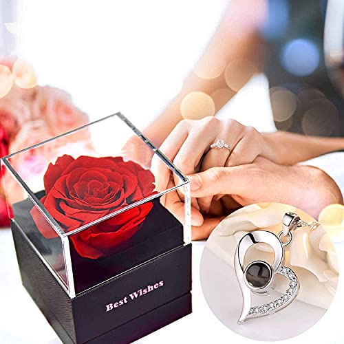 Echte roos met liefde voor halsketting, sieraad cadeau voor haar, nooit verwelkte rozen, bloem voor Valentijnsdag, Moederdag, jubileum, verjaardagscadeau, roos, geschenkdoos voor moeder, vriendin, vrouw (rood) - Image 7