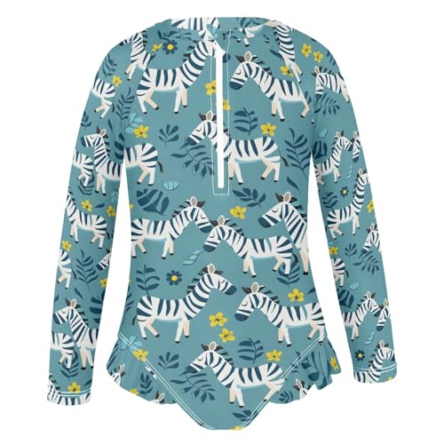 Cute Zebras Flower Girls Long Sleeve Swimsuit Rash Guard One Piece Bathing Suits Zipper 3-12T2
