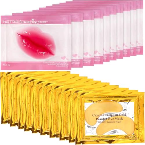 10 Pcs Collagen Lip Masks & 10 Pairs 24K Gold Gel Eye Masks Anti Aging Wrinkle Gel Under Eye and Lip Patches Eye Masks Patches for Dark Circles Puffy Eyes Plumping Hydrating Crystal Lip Pads