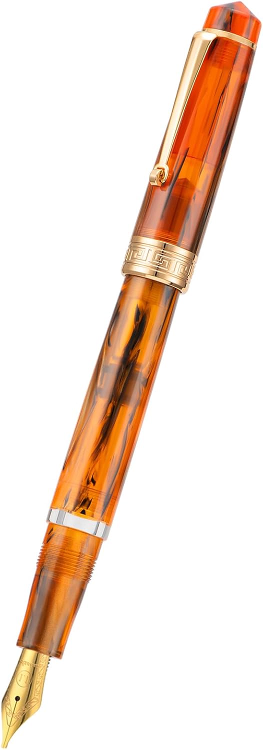 Asvine P20 Piston Fountain Pen, Stub Nib 1.1mm Calligraphy Art Drawing Amber Acrylic with Case Set