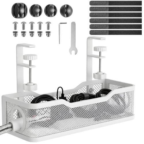 Image of Under Desk Cable Management Tray | Metal Wire Organizer with Clamp Mount | No Drill Cord Holder for Power Strip& Network Cables | Adjustable Cable Tray for Office & Home Setups (White)