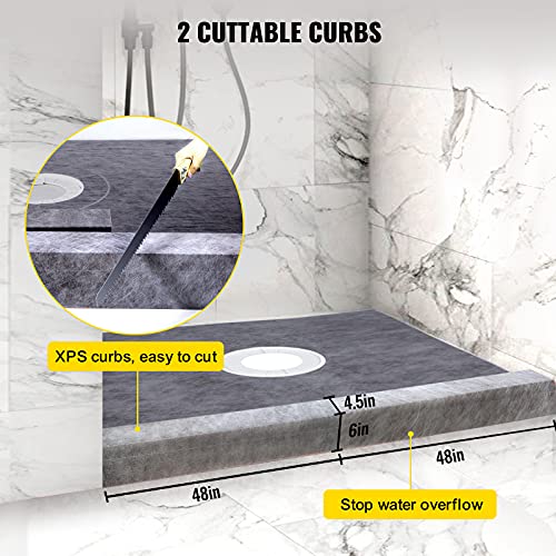 Image of VEVOR Shower Curb Kit, 48 inchx48 inch Watertight Shower Curb Overlay with 4 inch ABS Central Bonding Flange, 4 inch Stainless Steel Grate, 2 Cuttable Shower Curb and Trowel, Shower Pan Slope Sticks Fit for Bathroom