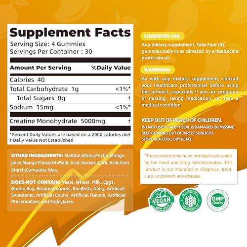 Image of Allcoovita Creatine Monohydrate Gummies 5g for Men & Women. Boost Focus,Strength, and Endurance, Anti-Melting Formula, Vegan, Gluten-Free, Non-GMO,(Mango 120 ct)