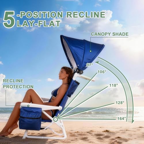 Image of Romswi Extra Wide Beach Chair with Canopy Shade, 2 Pack Aluminum Folding Chairs with Detachable & Adjustable Umbrella, 5-Position Lay Flat, Cooler Bag, Cup & Phone Holder, Towel Bar, Royal Blue