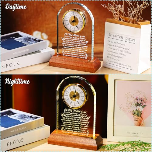 Image of Arikyrist Gifts for Mother in Law Glass Clock to My Mother in Law with Wooden Light Base, Unique Gift Idea for Bonus Mom from Daughter /Son in Law Mothers Day Christmas Birthday Table Decor