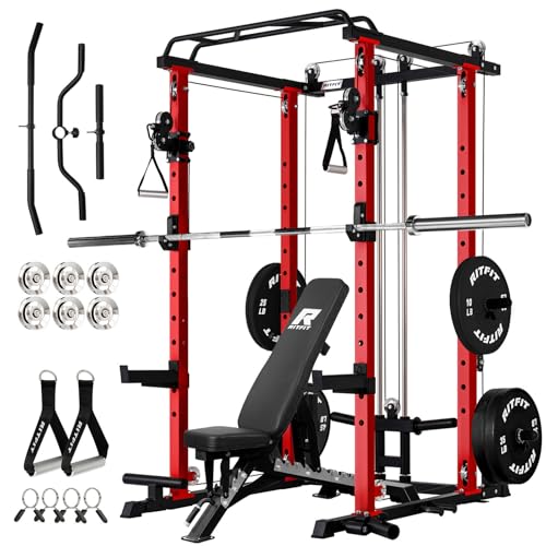RitFit Multi-Function Garage & Home Gym Package Includes 1000LBS Power Cage PPC03 with Cable Crossover System, Weight Bench, Olympic Barbell Weight Set, Full Body Workout -OR,Bumper Plate 230lbs