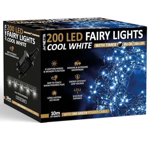 NETTA Christmas Tree Lights 200 LED 10m Fairy String Lights Plug in with Timer and Memory Functions for Outdoor/Indoor Use -Cool White