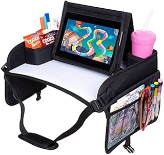 ROVICLU Car Seat Travel Tray for Kids - Carseat Trays Accessories, Toddler Activity Table, Lap Desk with Organizer, Road Trip Essentials - Shoulder Strap Pad, Erasable Board, Smartphone/Table Stand.