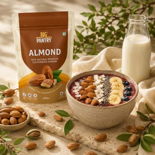 Image of BIG Pantry Premium California Almonds 200g | Whole Natural Badam | Crunchy & Fresh Almond Nuts | High Protein & High Fiber Snack | Gluten Free | Resealable Stand-Up Pouch (Pack of 1)
