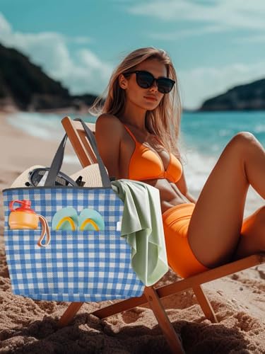 Mesh Beach Bag Oversized Tote Bags for Women Light Blue Gingham Check Large Travel Pool Bags with 8 Pockets4