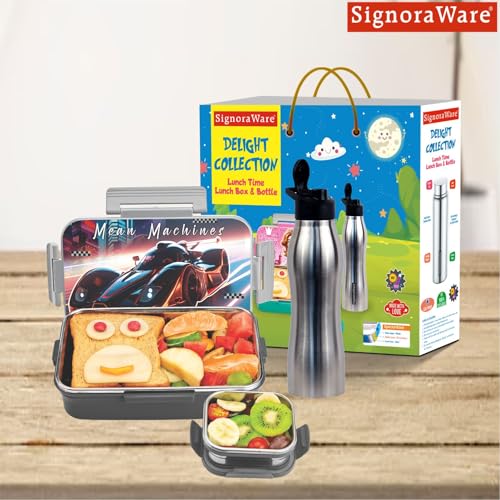 Image of SIGNORA WARE Delight C Nugget Stainless Steel Printed Lunch Box Set for Kids | Airtight Lid with Clip Lock | Compact & Sleek Size | Great for Picnics & Outdoors (700ml + 130ml + 750ml Bottle | Grey)