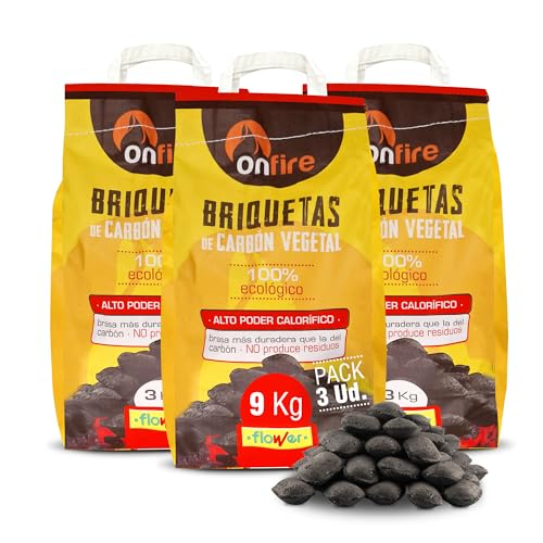 FLOWER Carbon Vegetal Briquetas 100% Natural 9 kg | Carbón para Barbacoas, Parrilas Chimeneas | Brasas Rápidas en Menos 20 Minutos | Sin Aditivos Químicos Ni Minerales | Alto Poder Calorífico (9 KG)
