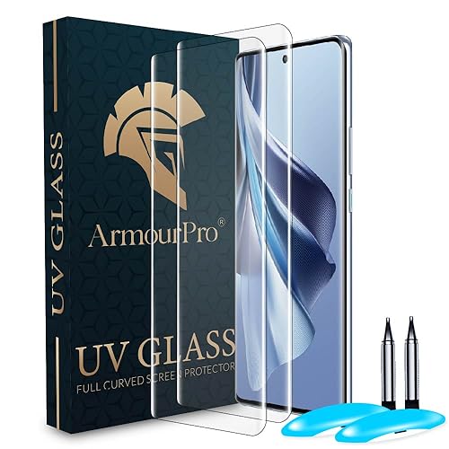 Image of ArmourPro UV Glue Tempered Glass for Reno 10, Reno 10 Pro & Reno 10 Pro Plus, Pack of 2, Curved Screen Protector, 9H Anti Scratch, Edge to Edge Coverage, HD Clarity, Easy UV Installation Kit
