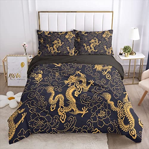 Housse de Couette 140x200 Dragon Asiatique Parure de Lit 2 Personnes avec Fermeture Éclair Confortable Respirant Microfibre Housse de Couette et 2 Taie d'oreiller 65x65 cm