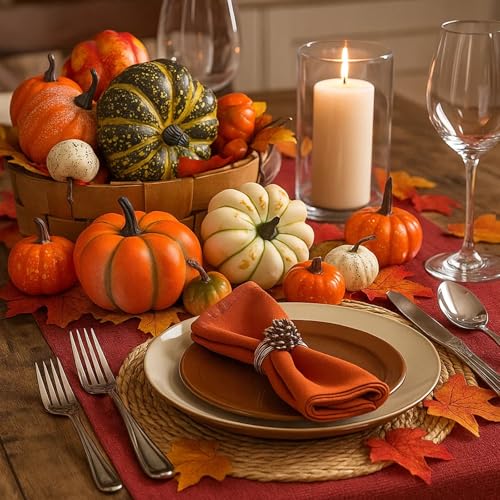 HAKACC 14 PCS Artificial Lifelike Simulation Mixed Pumpkins for Decorating, Fake Pumpkins with 30PCS Fake Maple Leaves Festival Thanksgiving Fall Harvest Home Decoration