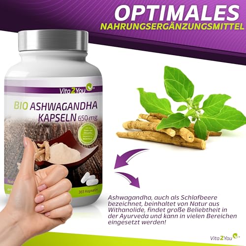 Vita2You Bio Ashwagandha Kapseln 650mg, 365 Stück