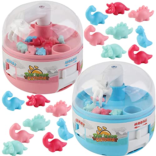 2 Sets Mini Claw Machine Arcade Game, 8 Tiny Dinosaur Grabber Prize Dispenser Vending Machine Toy for Kids Boys Girls Christmas Birthday Gifts Party Favour Party Bag Fillers Blue and Pink