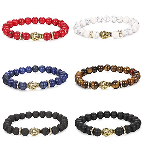 FUNRUN JEWELRY 6PCS 8mm Beaded Bracelets for Men Women Natural Stone Rosary Bracelet Mala Elastic