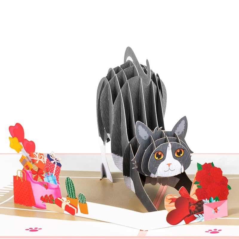 3D Pop Up Cat Birthday Card with Roses for Cat Lovers Cute Greeting Card for Her Him Friends Family — image 1