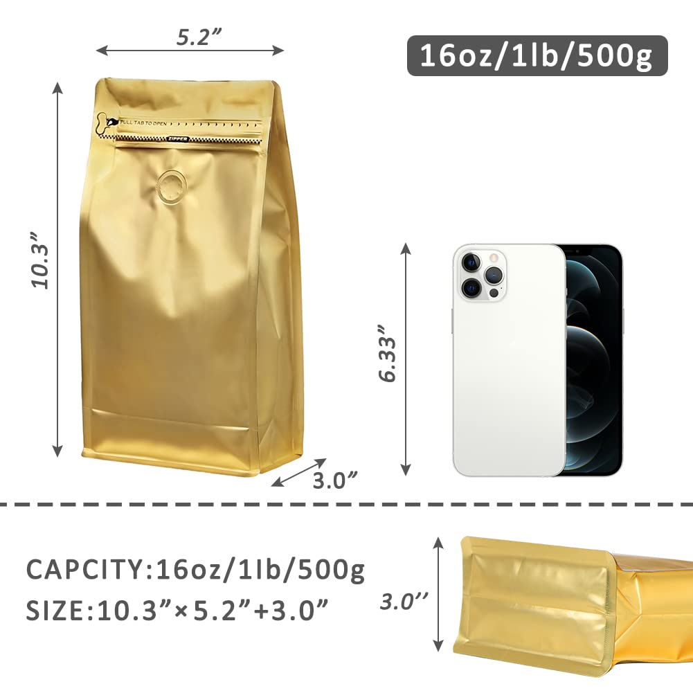 REMTAP Torby na kawę z zaworem (100 szt., 473 g) złota wysoka bariera folia aluminiowa płaskie dno stojące torby do przechowywania ziaren kawy, wielokrotnego użytku zamykane termicznie boczne woreczki na zamek błyskawiczny do domu lub sklepu