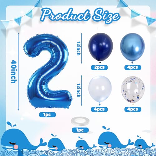 Image of Foil Number Balloons - 2nd Birthday, Pastel Helium Balloons, 40 inch, Navy, Dark Blue, Silver Confetti, Self Inflating, Big Two, Boys' Birthday Party Decor