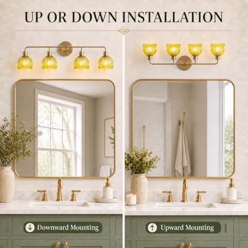 Image of 4-Light Gold Brass Bathroom Light Fixture,Wall Sconces,Brushed Gold Vanlity Light Over Mirror,Bathroom Vanity Light with Green Glass Flower Shade,E26 Socket(Bulbs Not Included)