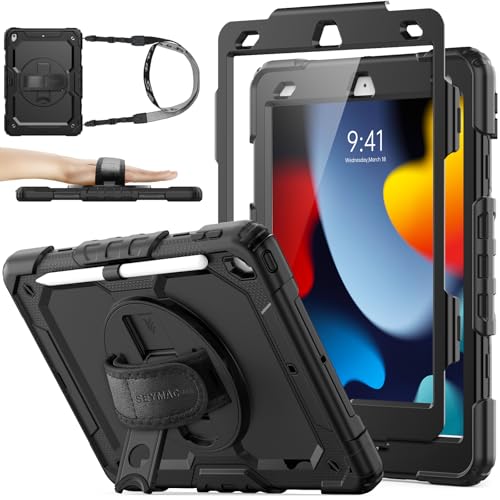 SEYMAC stock Funda para iPad 9ª/8ª/7ª Generación 10,2 Pulgadas 2021/2020/2019, Funda Resistente con Protector de Pantalla Portalápiz [Correa de Mano Giratoria 360] & Soporte, Negro