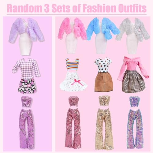 16 Stück Kleidung und Zubehör für 11,5 Zoll Puppen, Rosa Mantel Hahnentrittmuster-Kleid Lässiges Set Zufällige Auswahl von 3 Outfits 6 Schuhe 2 Handtaschen 1 Ohrringe 1 Armband für Mädchen Geschenk