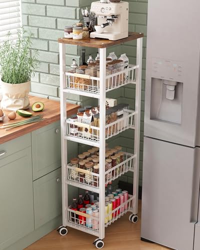 Ornestia Carrito Cocina con Ruedas, Carro de Almacenamiento de Placa Superior de Madera de 5 Niveles, Verdulero Cocina, Blanco