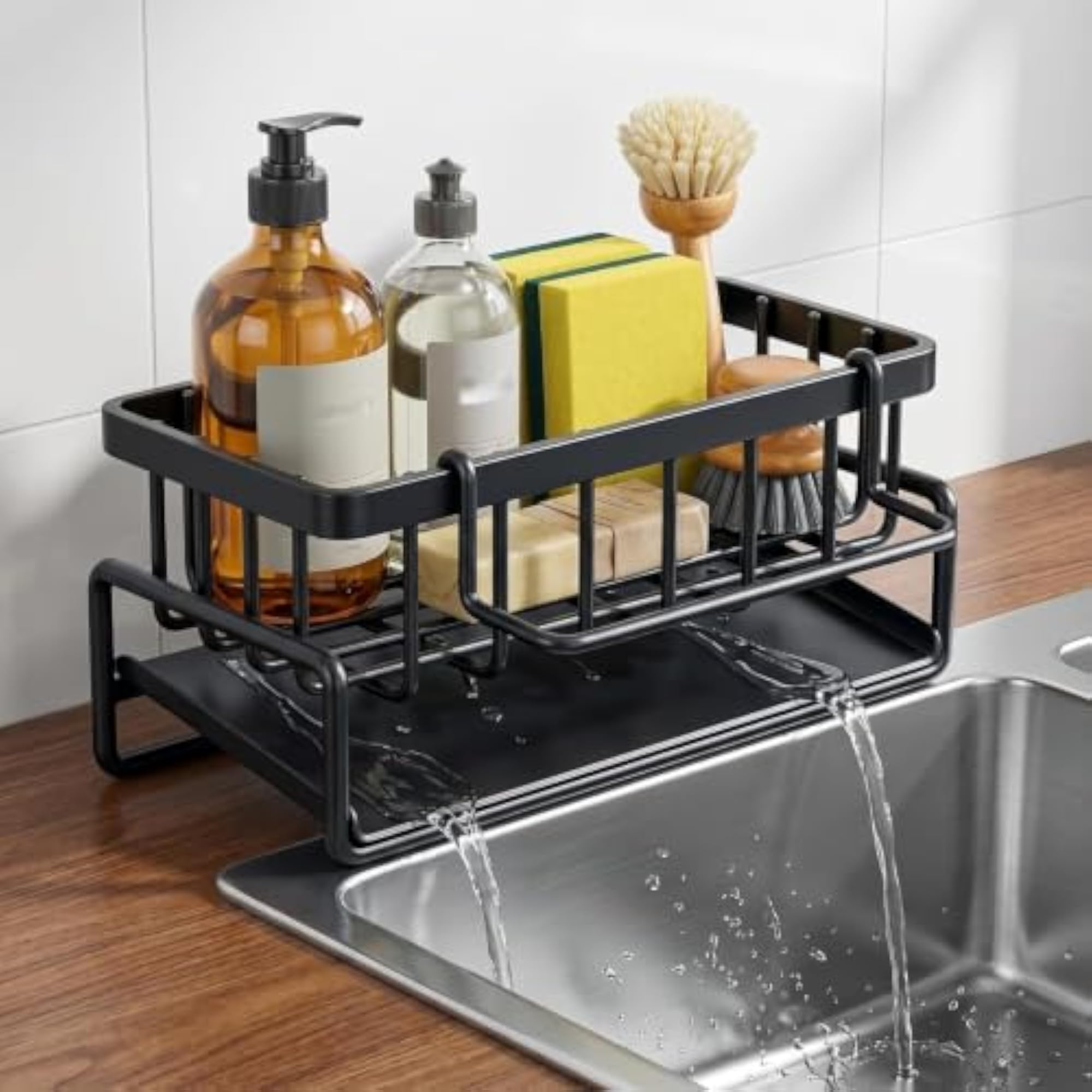 Metal Sponge Holder for Kitchen, Auto-Draining Organizer