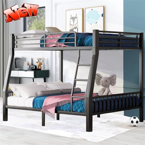 Kntyr Upgraded Version Thicken Metal Full XL Over Queen Bunk Bed, Stronger Heavy Duty Steel Bunk Bed Full Over Queen Size, Best Bunkbed Frame for Adults, Easy Assembly, Black (Full XL Over Queen)