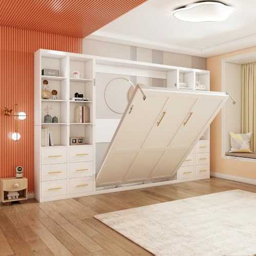 Image of KEIKI Queen Size Vertical Cabinet Murphy Bed with 4 Side Cabinet, White | Multifunctional Foldable Hideaway Wall Metal Bed Frame, No Box Spring Needed, Easy Assembly, for Bedroom, Guest Room