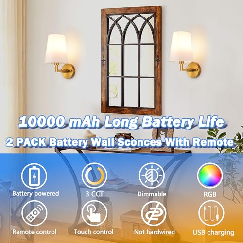 Image of Wall Sconces Battery Operated Set of Two,Wireless Rechargeable Wall Sconce 7 Color RGB USB Up to 50 Hours Use Time,Not Hardwired Battery Operated Wall Lights for Bedroom Living Room, Brass