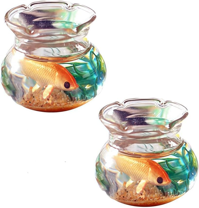 2 Pieces Miniature Fish Bowl Set, Round Resin Fish Tanks with Goldfish Grass, Dollhouse Accessories Decor for Dollhouse Desktop Craft Project Decor