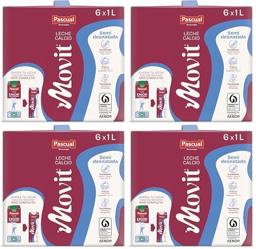 Pascual - Leche Semidesnatada Movit Calcio Bienestar Animal - Formato 6 x 1L (Paquete de 4)
