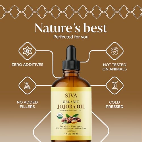 Image of SIVA ORGANICS Jojoba Carrier Oil with Dropper, 4 Fl Oz (118 ml) | Jojoba Oil for Skin Care, Facial Oil, Hair Care, Scalp Massage, Nail Care, Body Massage & DIY Beauty Blends, Glass Bottle