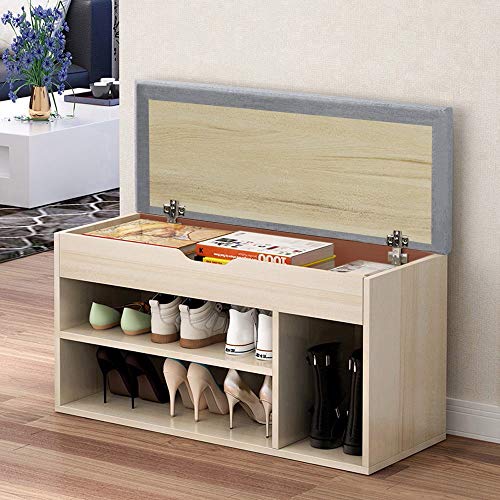 Auwish Shoe Bench with Seat  Lift Top Padded Cushion Boot Organizing Shelf Shoes Rack for Entryway Hallway Storage 2-Tier 1 Hidden Compartment Beaches Gray