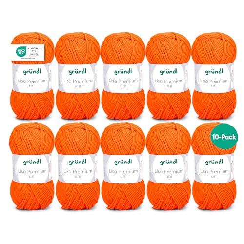Gründl Lana Lisa Premium uni Hilo de tejer 100% poliacrílico, Hilo para tejer/ganchillo 50 g / 133 m, 10 bolas, Naranja Neón