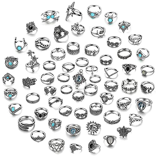 64 Pcs Vintage Knuckle Rings Set Stackable Finger Rings Midi Rings for Women Bohemian Hollow Carved Flowers Gold&Silver Rings Crystal Joint Rings (2:64 PCS Silver)