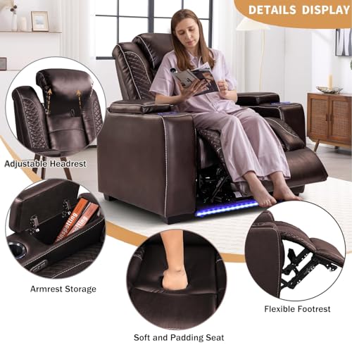 Image of ANJ Power Recliner Chairs Set of 5 for Adults, PU Leather Home Theater Seating with Adjustable Powered Headrest,LED,Storage,USB,Cup Holders,Brown