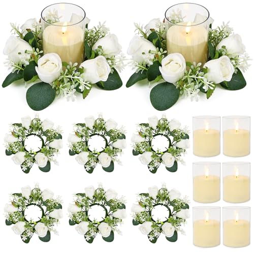 Acmee Pink Rose Candle Rings with Flameless Candles Sets - 12PCS Artificial Flower Eucalyptus Wedding Centerpiece 3 Inch Pillar Candleholders Wreaths for Wedding Party Decor (White - 6 Sets)