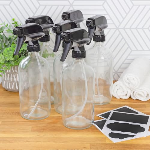 Cornucopia 16oz Clear Glass Spray Bottles (6-Pack); 3-Setting Sprayer Tops and Chalk Labels2