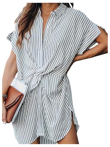 SOLY HUX Women's Striped Shirt Dress Twist Front Collared Neck Short Sleeve Button Down Summer Dresses