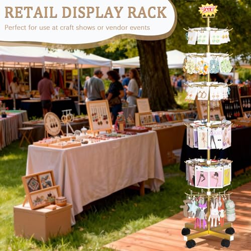 Image of Retail Display Stand Store Display Rack 6 Tier Metal Spinning Display Stand Rack with Wheels Keychain Jewelry Stocking Hat Stand with Hooks for Malls, Showroom, Retail Store (6 Tier Gold)